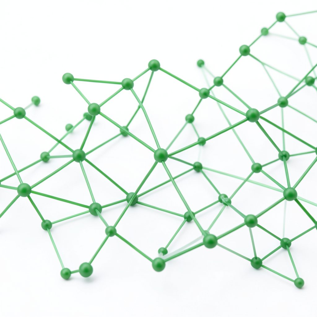 Soft green abstract network of connected nodes on a white background, suggesting semantic relationships and data exploration