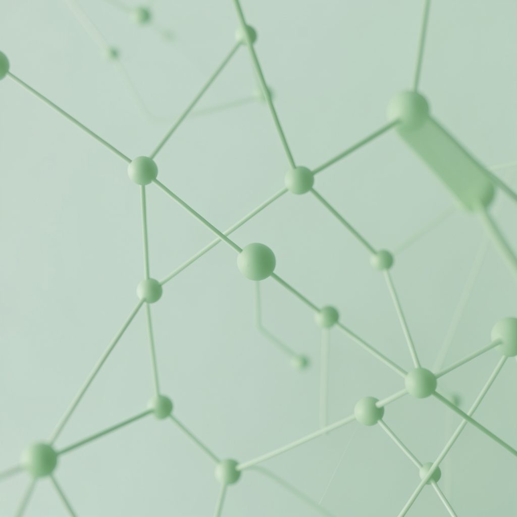 Abstract soft green geometric shapes suggesting network nodes and connected data points, calm and technical mood