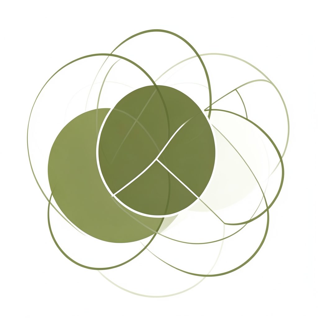 A clean flat illustration of overlapping circles and thin connecting lines suggesting a network of ideas, in olive green