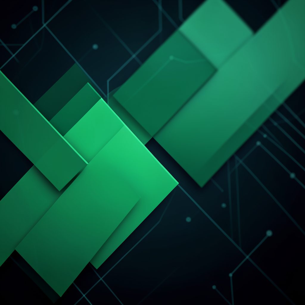 Abstract green geometric shapes overlapping softly on a dark background, conveying technology and connectivity