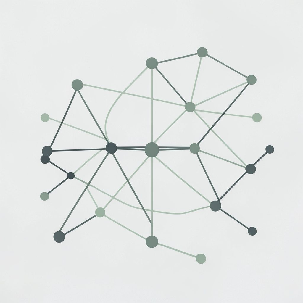 A clean minimalist illustration of interconnected nodes and pathways on a light background, evoking semantic networks