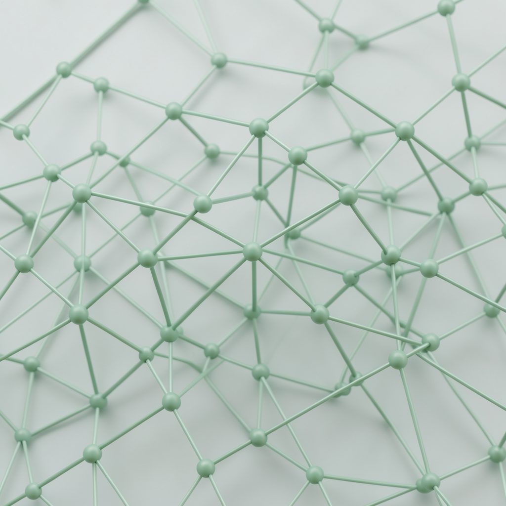 Abstract geometric network of interconnected nodes in soft green tones, suggesting data flowing through a semantic graph